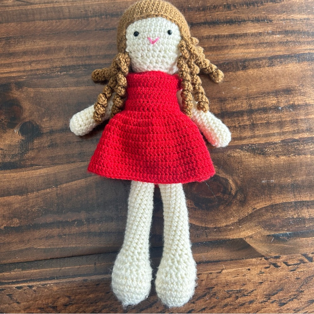 Handmade 14” crochet amigurumi Doll-curly Auburn Hair-Red Christmas Dress